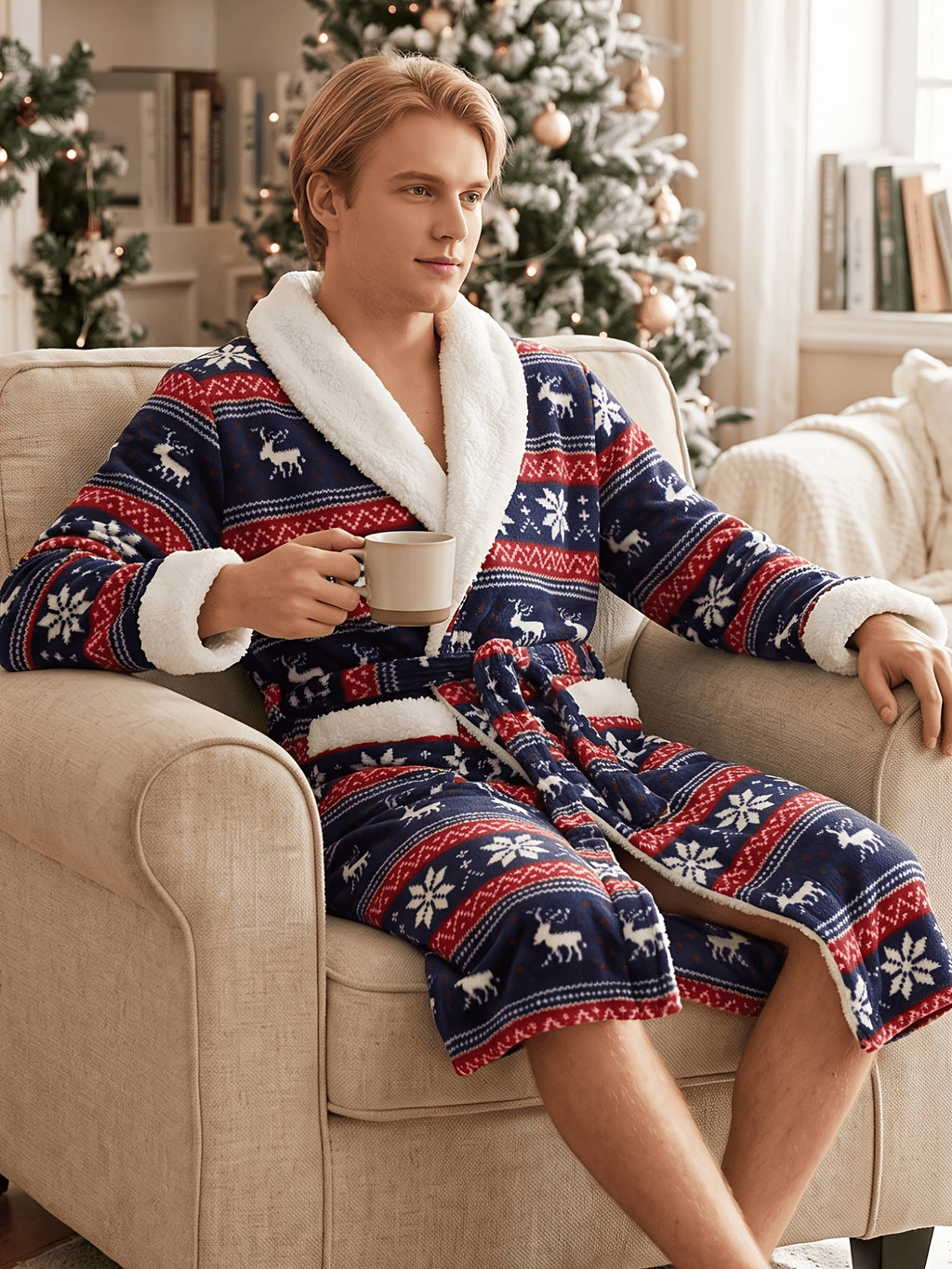 Men's navy Fair Isle Christmas flannel dressing gown