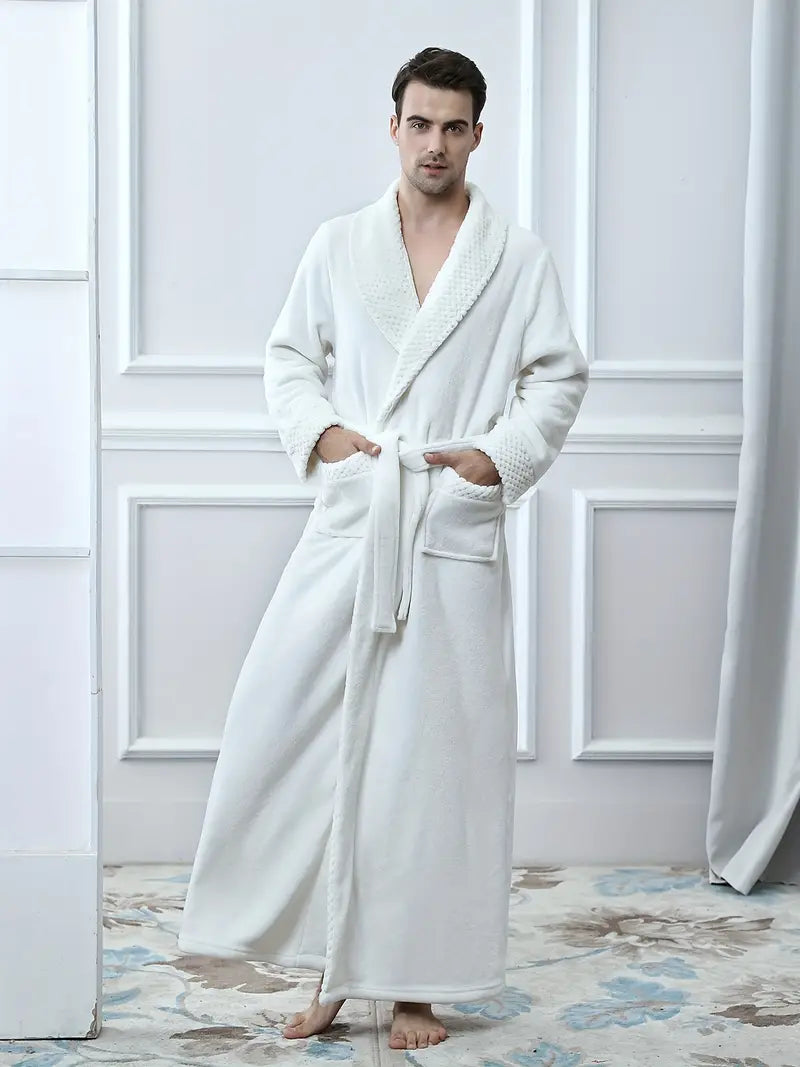 Men's long thick fleece bathrobe, luxury
