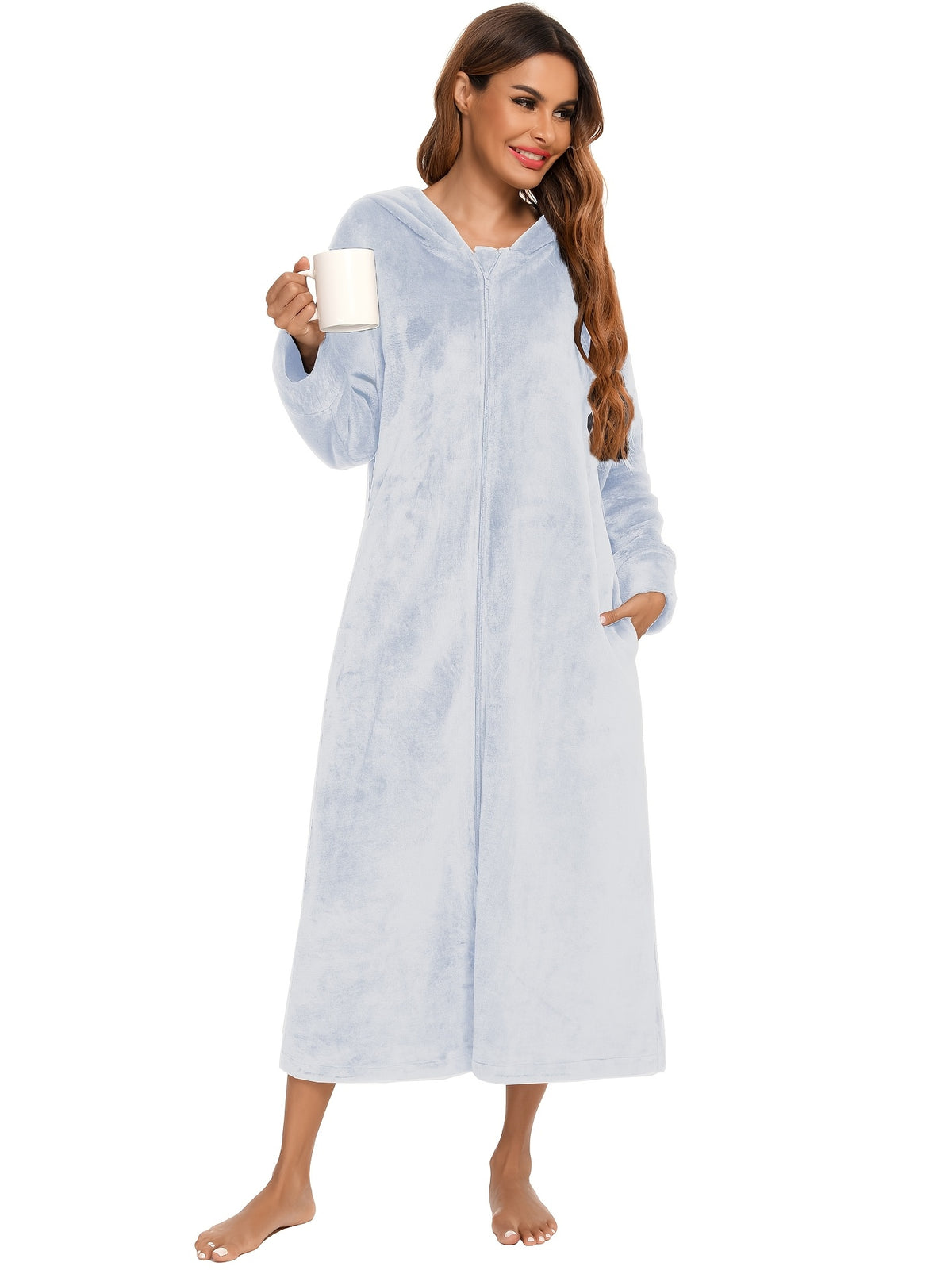 Women's hooded flannel zip-up dressing gown