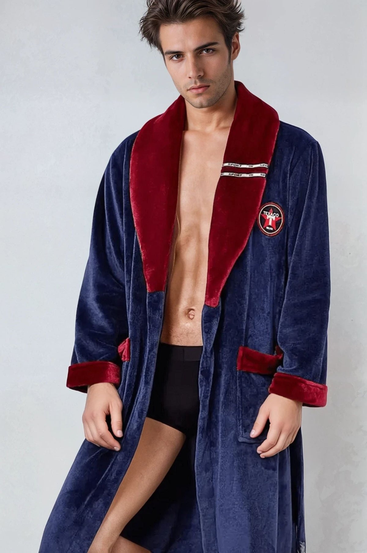 Men's fleece bathrobe, grey and blue — Dark grey