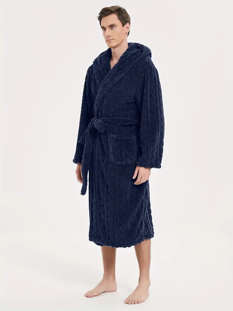 Men's hooded winter fleece bathrobe