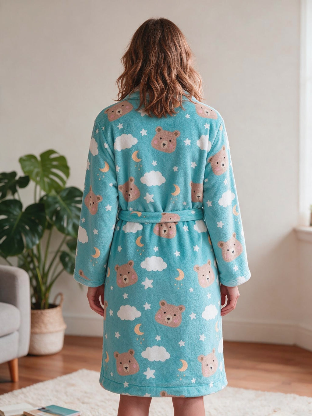 Women's teal bear print fleece bathrobe