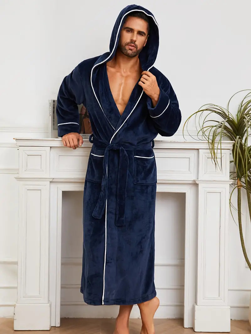 Men's warm hooded luxury bathrobe — Navy