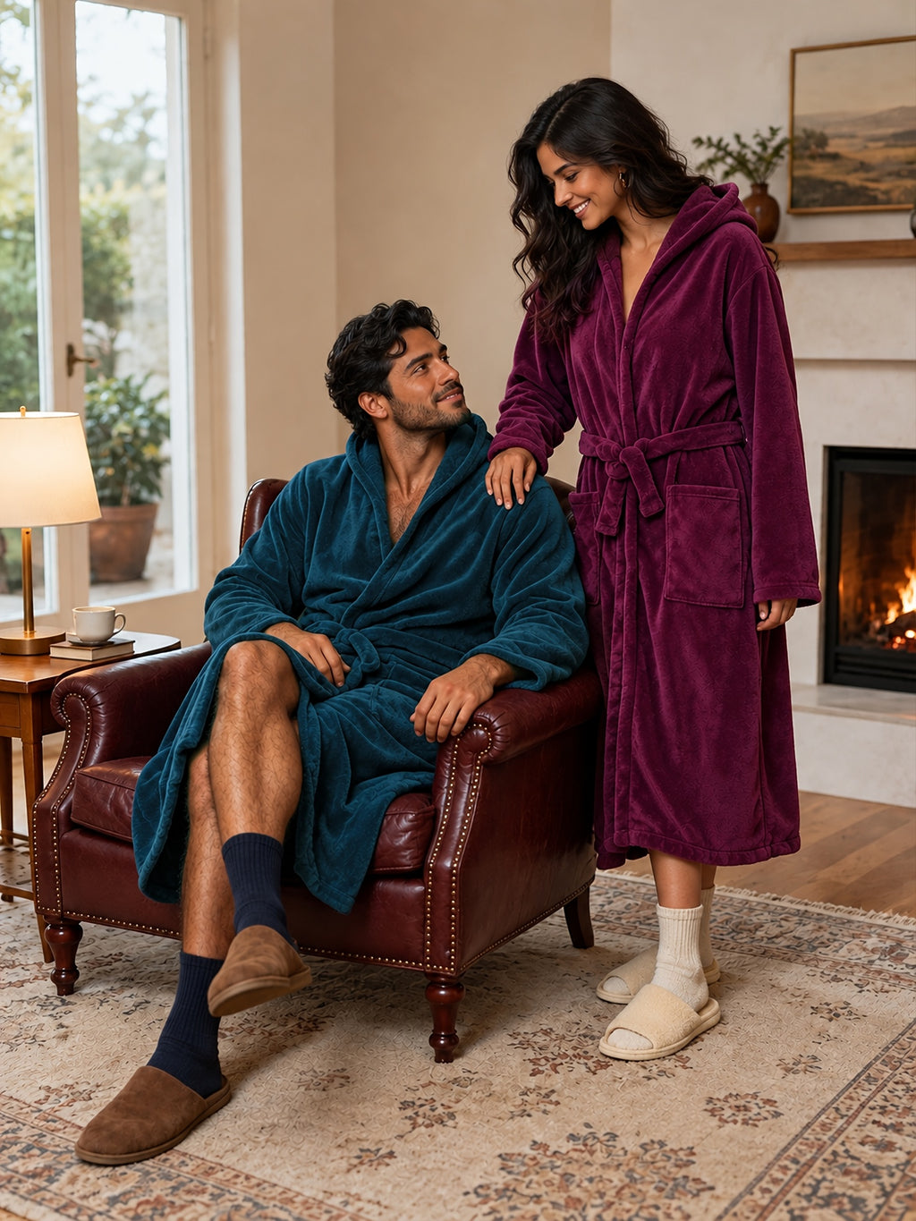 Unisex long hooded fleece bathrobe