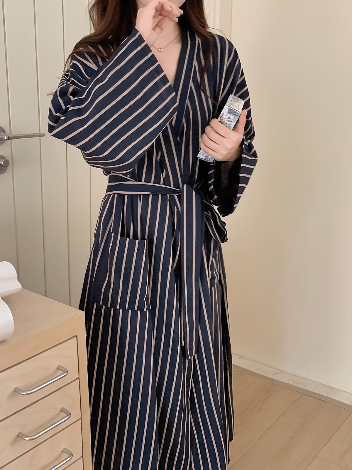 Women's navy striped satin dressing gown
