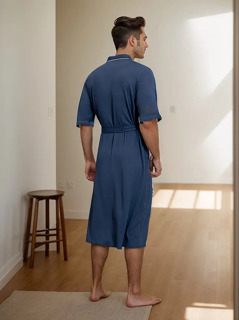 Men's long navy kimono robe, plus size