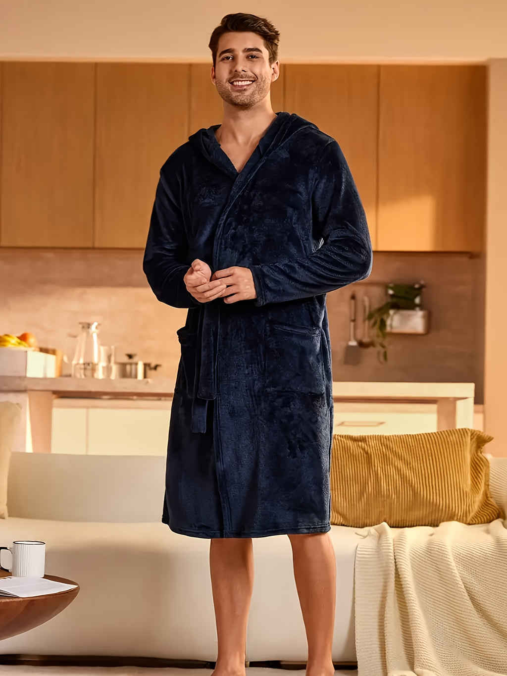 Women's hooded flannel bathrobe