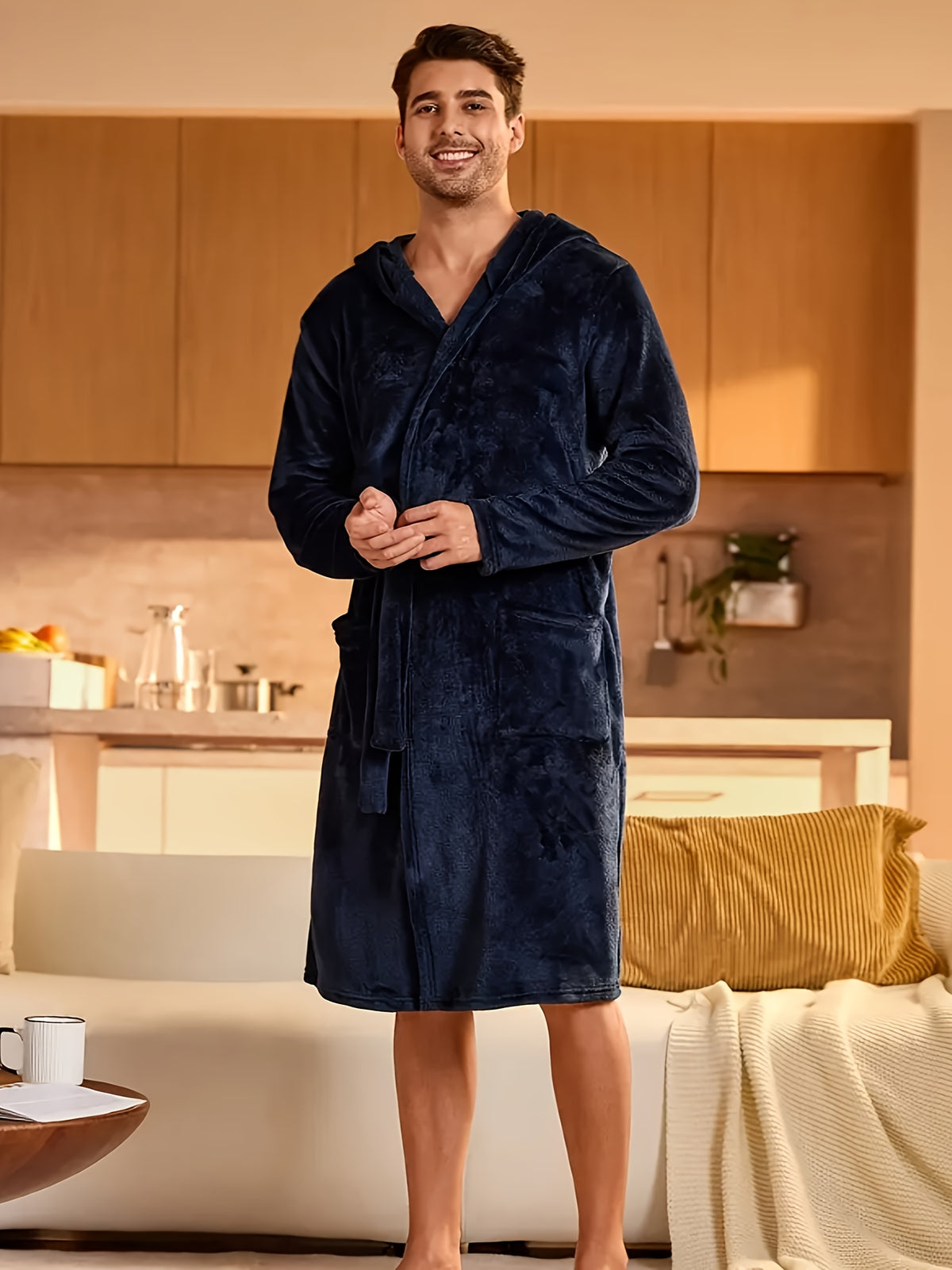 Women's hooded flannel bathrobe