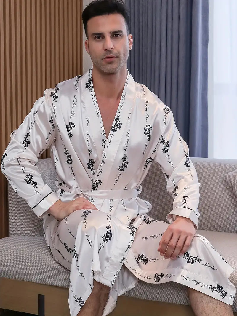 Men's long white satin kimono robe, plus size
