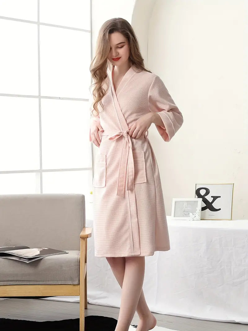 Women's long waffle bathrobe — Pink