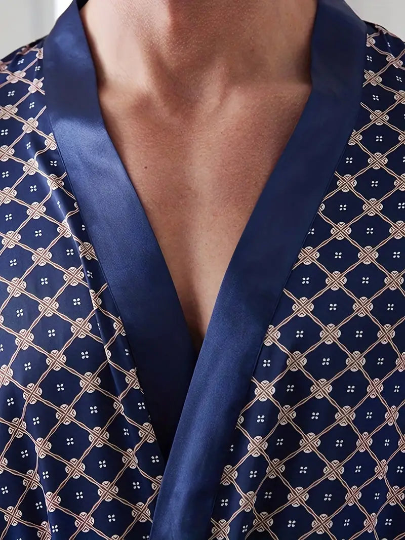 Men's long navy satin dressing gown