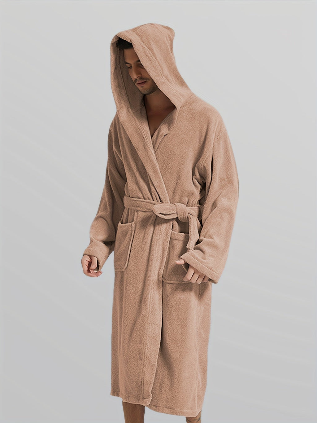 Men's soft hooded fleece dressing gown, beige