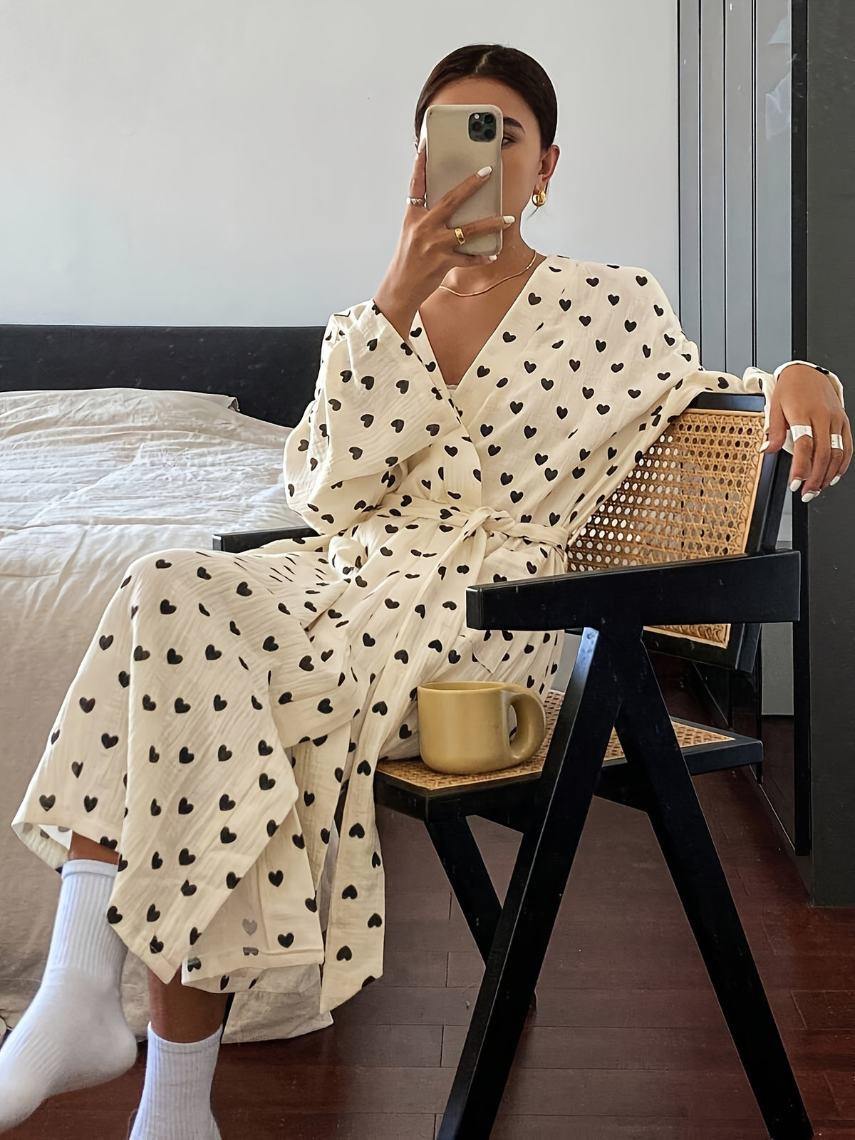Women's cream polka dot dressing gown