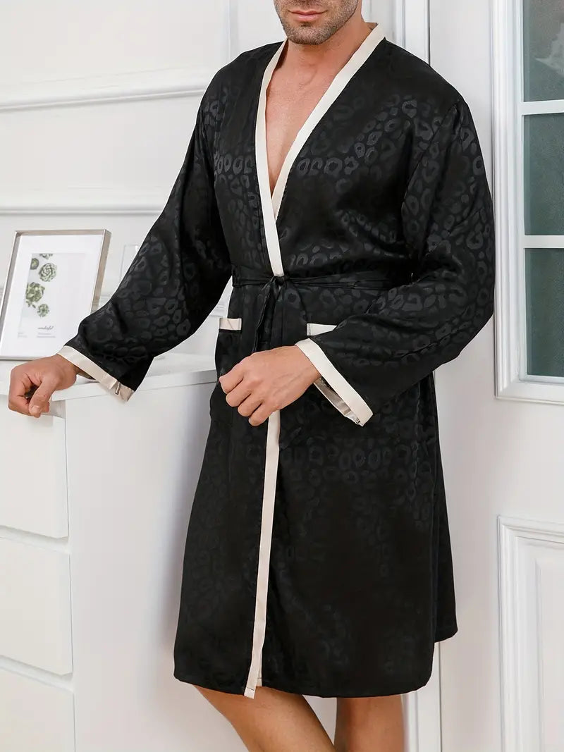 Men's short black leopard print kimono robe