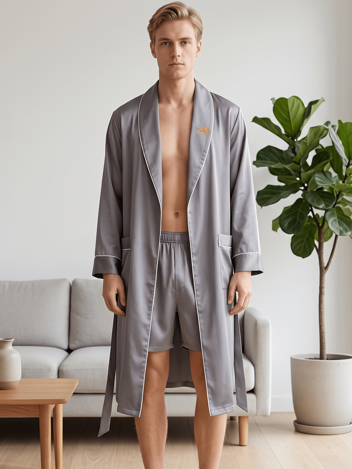 Men's embroidered satin dressing gown and shorts set Image