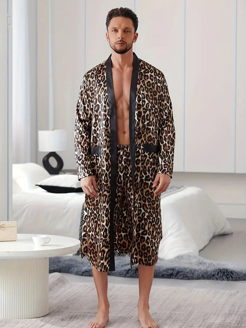 Men's leopard print robe and shorts set