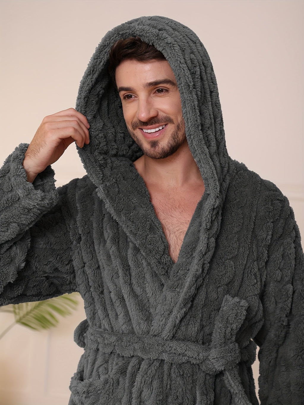 Men's cable-textured hooded towelling bathrobe