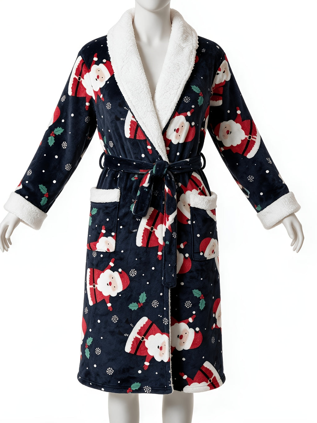 Women's navy Santa print fleece dressing gown