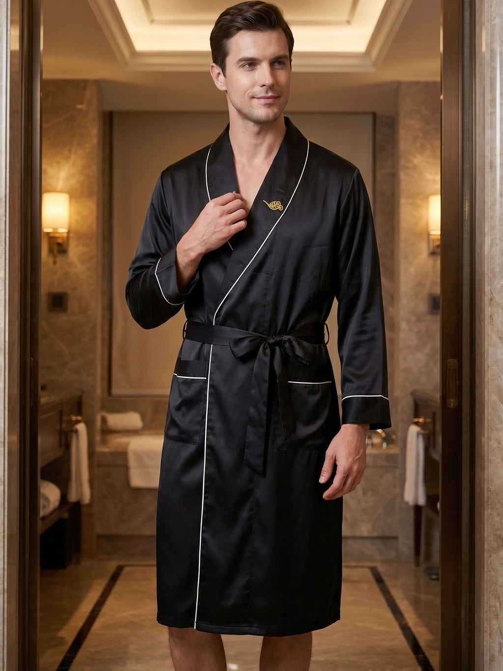 Men's embroidered satin dressing gown and shorts set