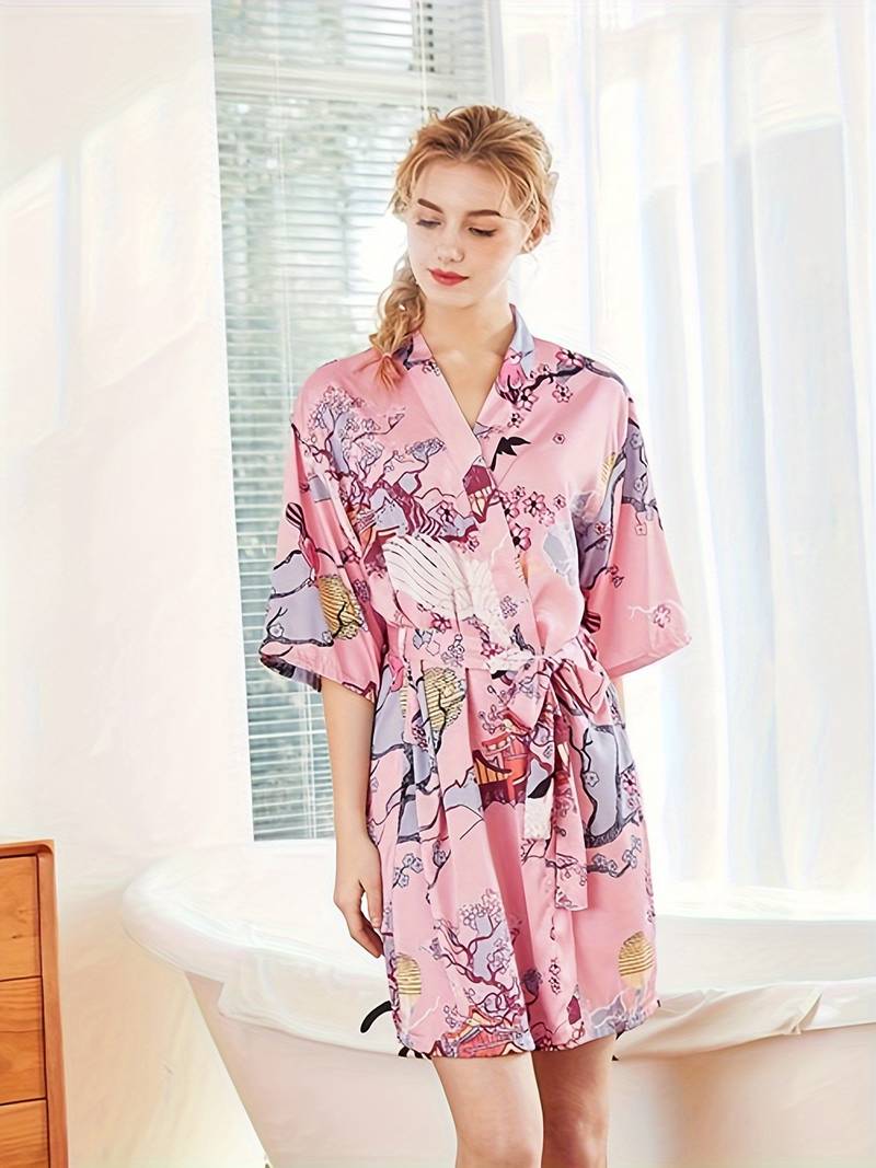 Women's pink floral satin kimono robe