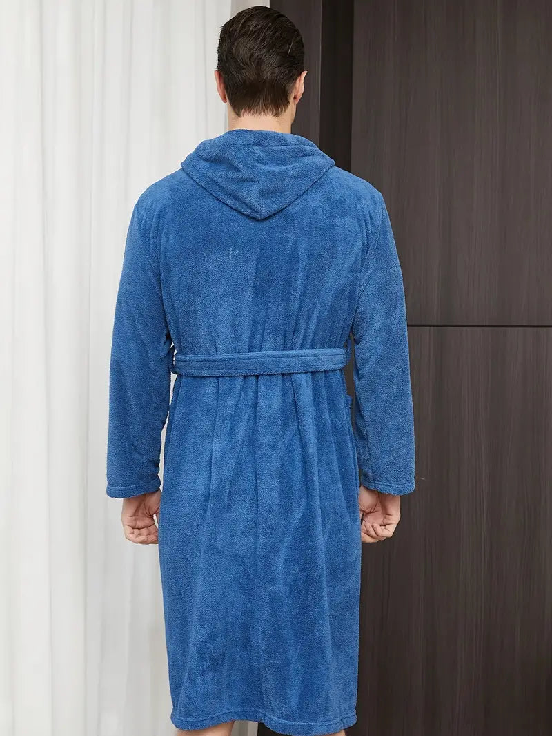 Men's blue hooded fleece bathrobe
