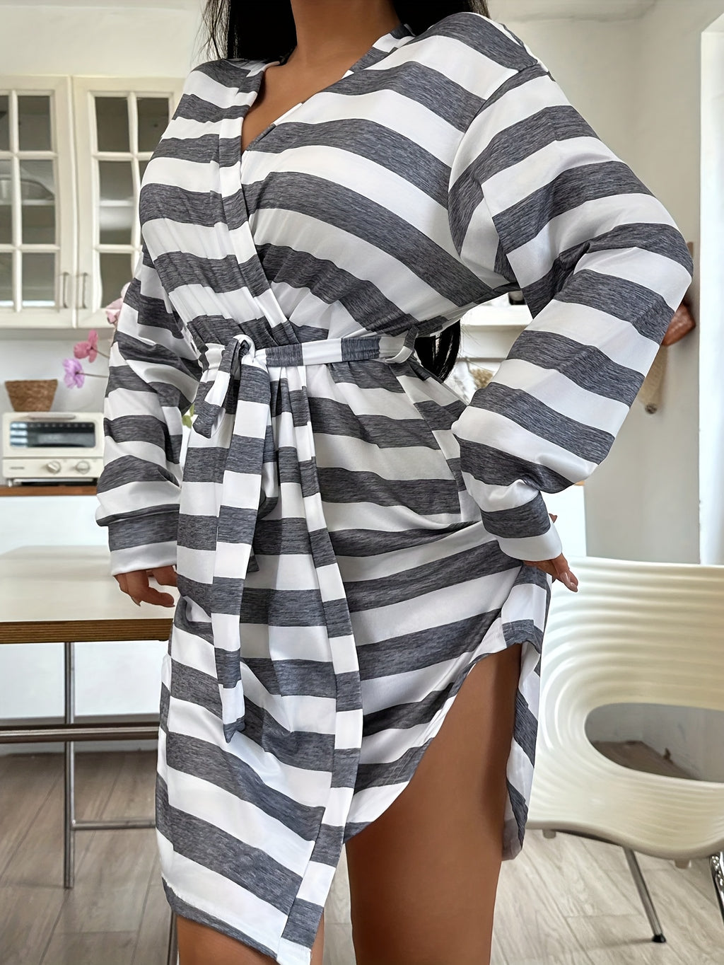 Women's grey striped hooded dressing gown