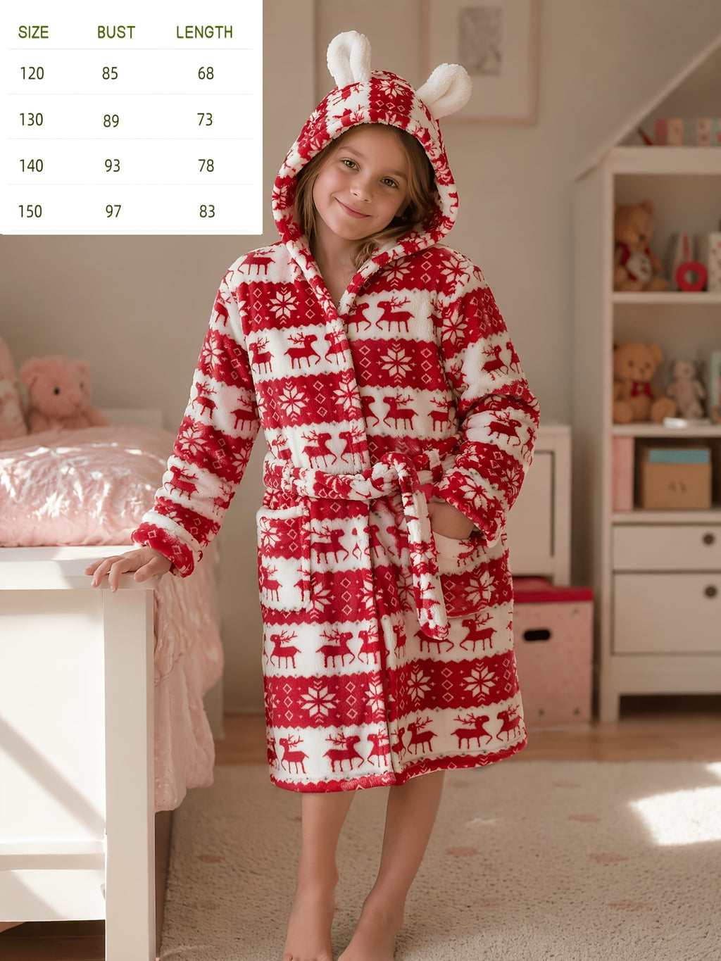 Girls' grey heart print hooded fleece dressing gown