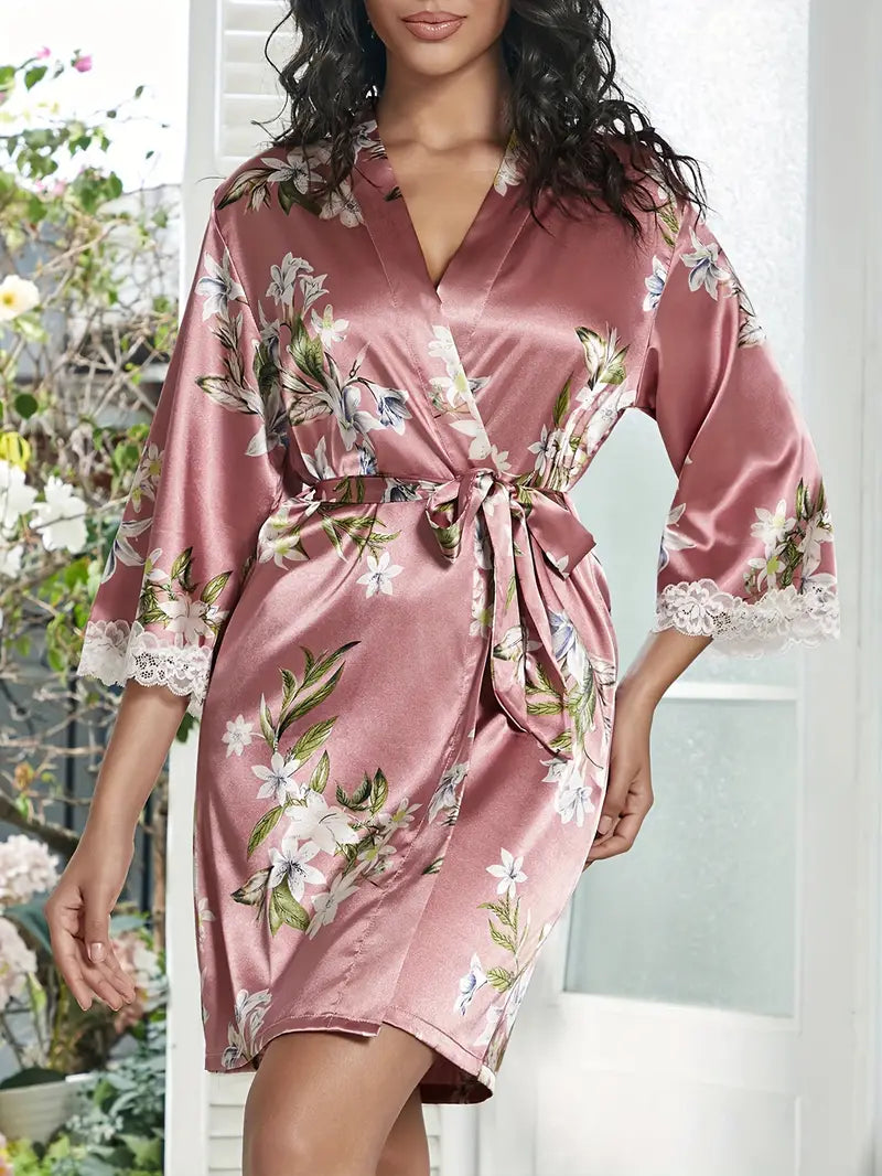 Women's short pink floral satin kimono robe