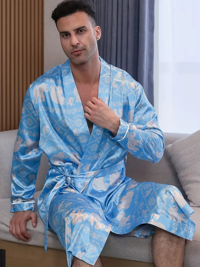 Men's long blue satin kimono robe, plus size