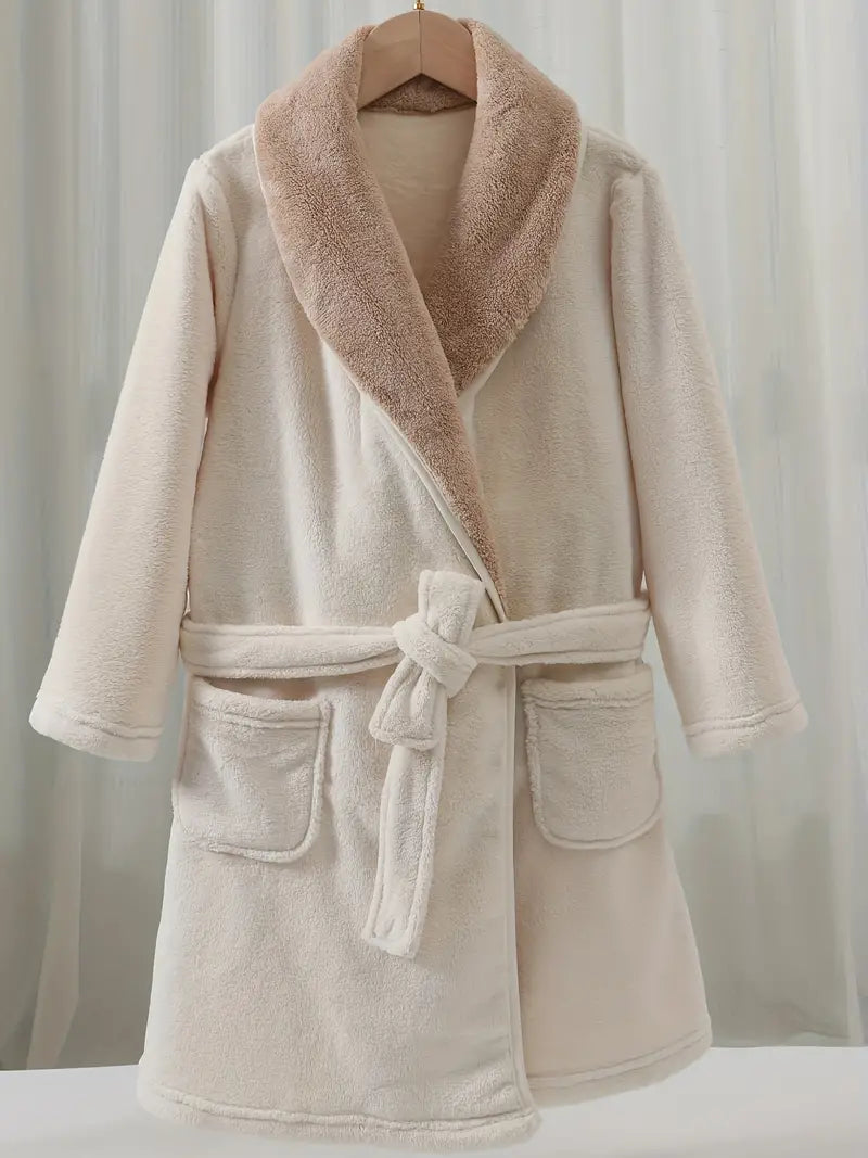 Kids' bathrobe with belt and pockets — White