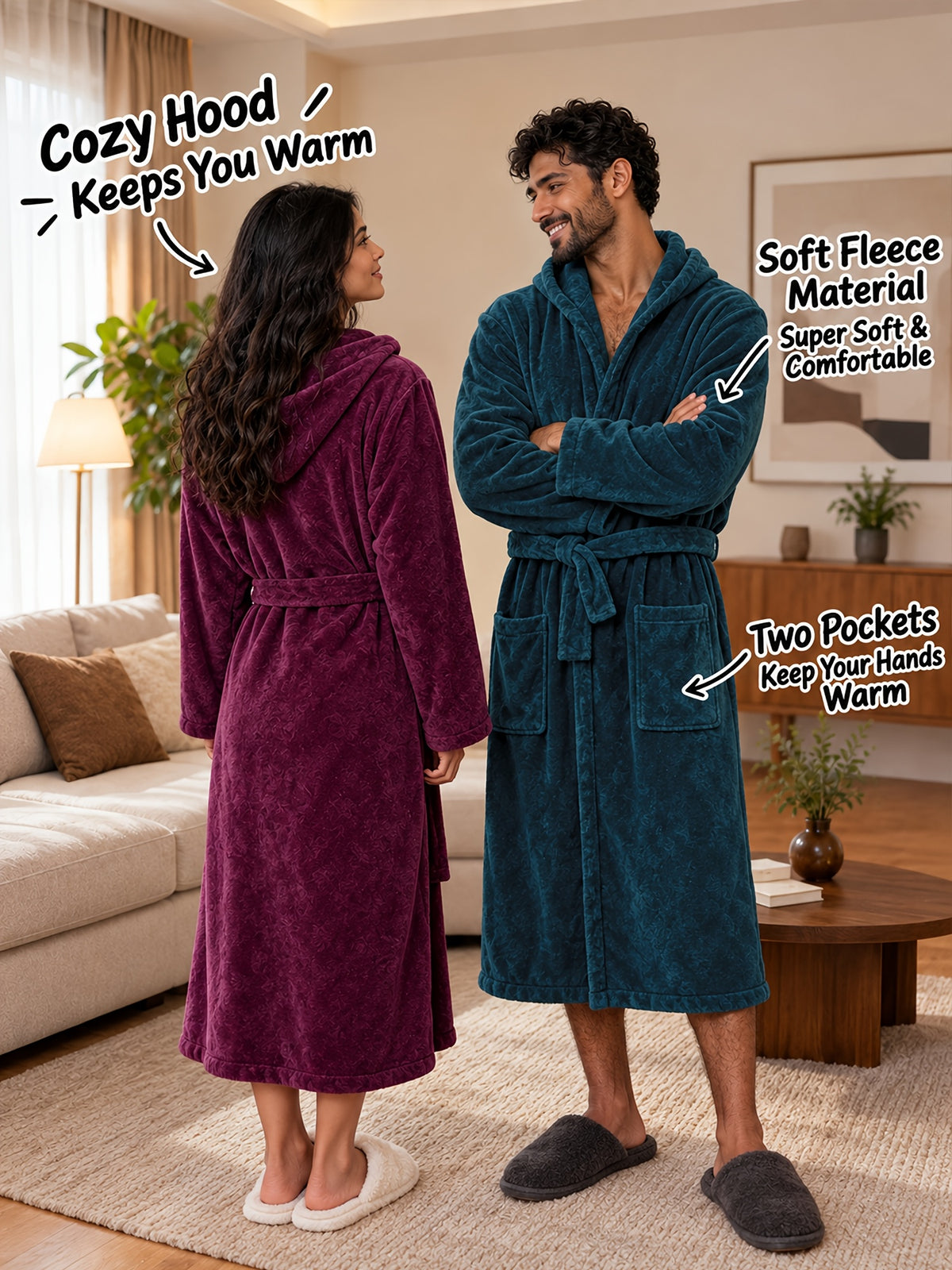 Unisex long hooded fleece bathrobe