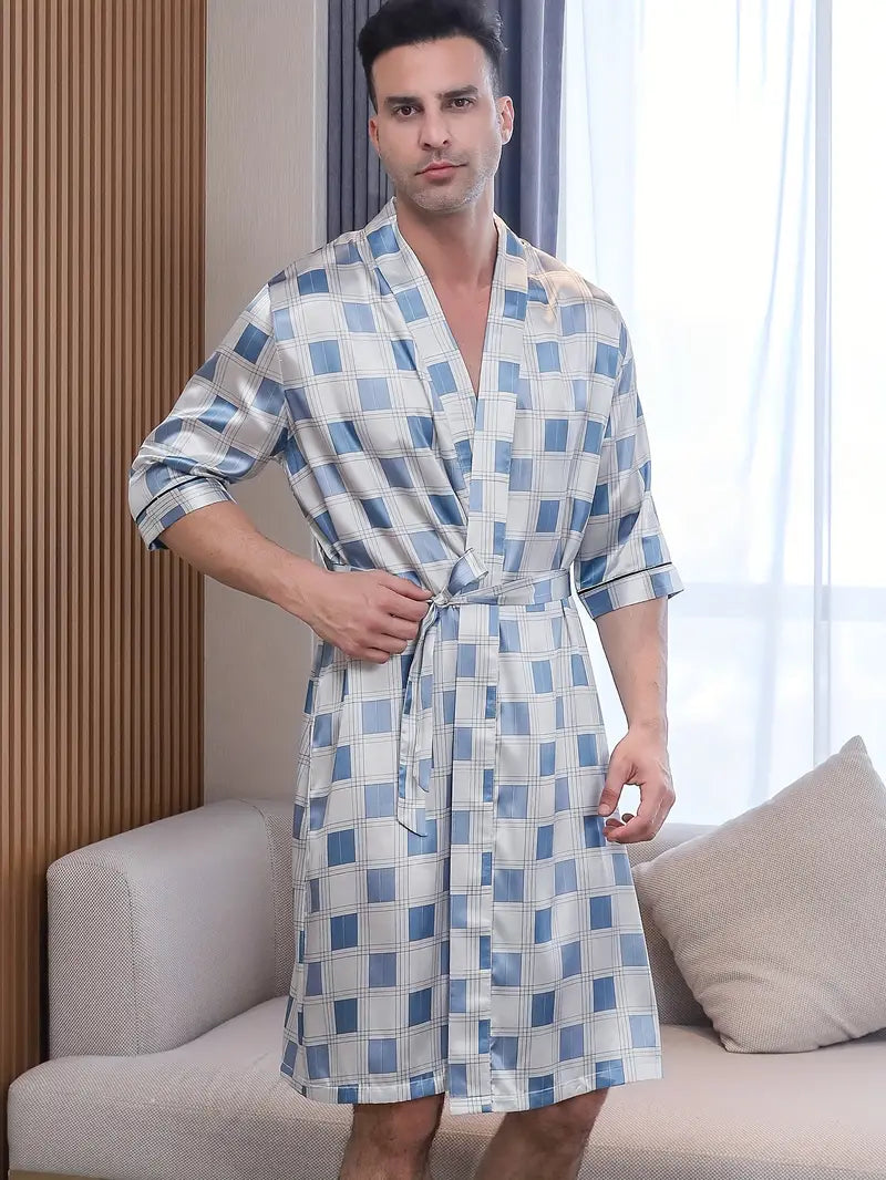 Men's short white checked satin dressing gown — White