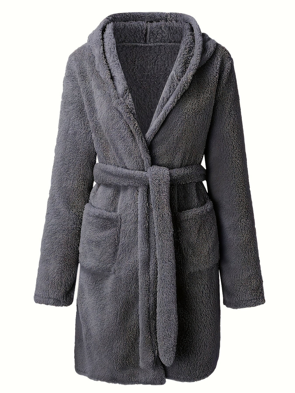 Men's hooded fleece dressing gown with pockets — Grey