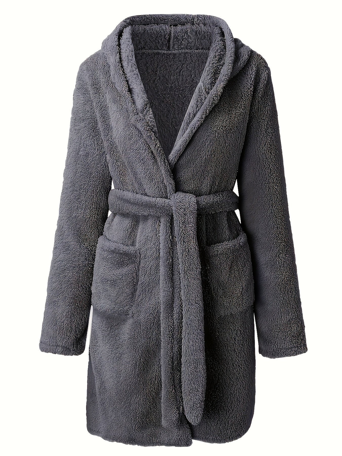 Men's hooded fleece dressing gown with pockets — Grey