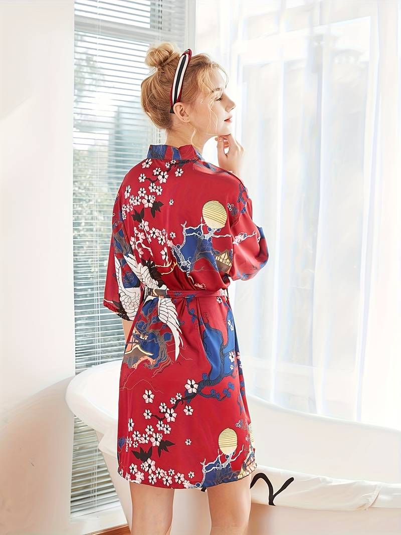 Women's pink floral satin kimono robe