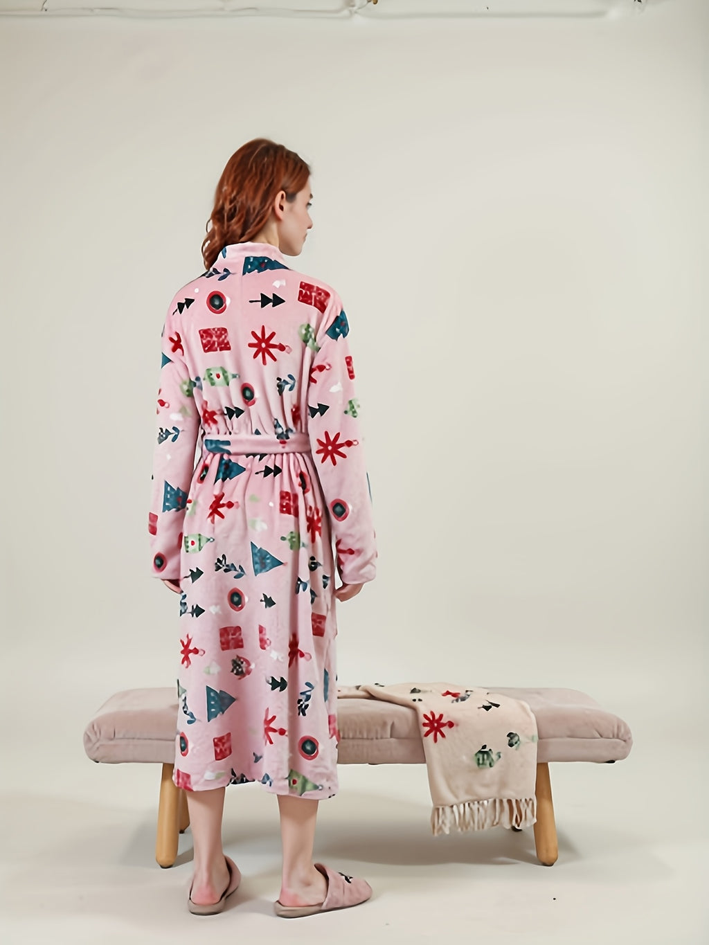 Women's pink Christmas print flannel dressing gown