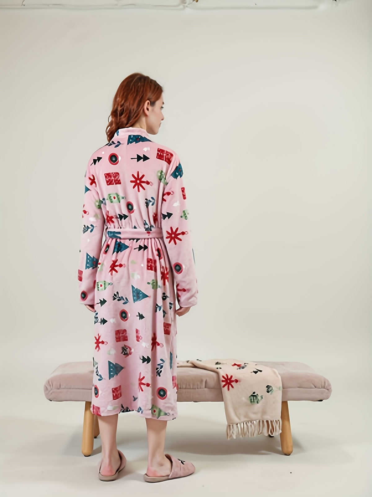 Women's pink Christmas print flannel dressing gown