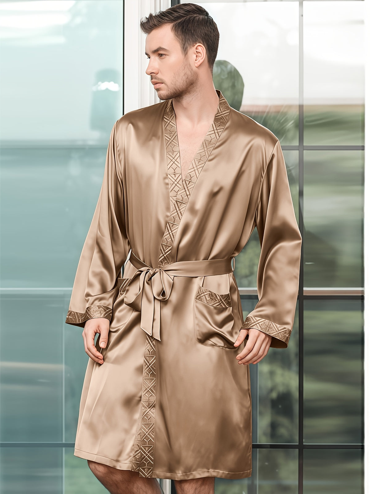 Men's champagne mulberry silk dressing gown