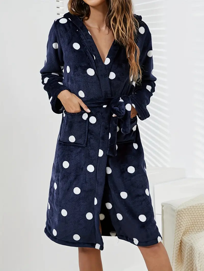 Women's short blue polka dot hooded bathrobe
