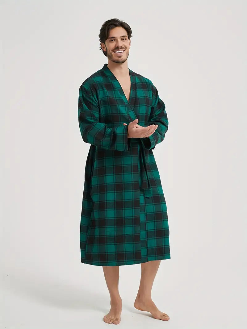 Men's long checked cotton dressing gown — Green