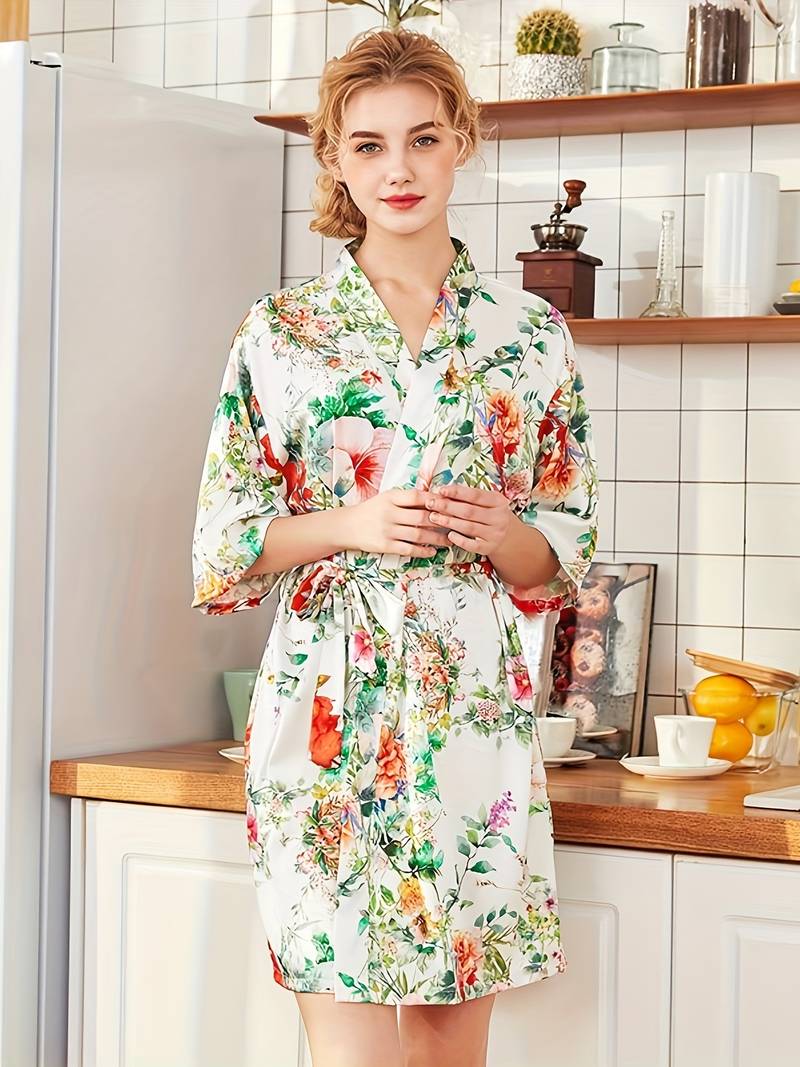 Women's short green floral satin kimono robe