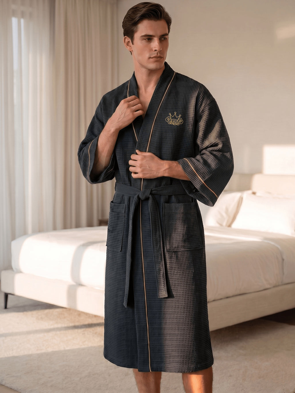 Men's black waffle bathrobe