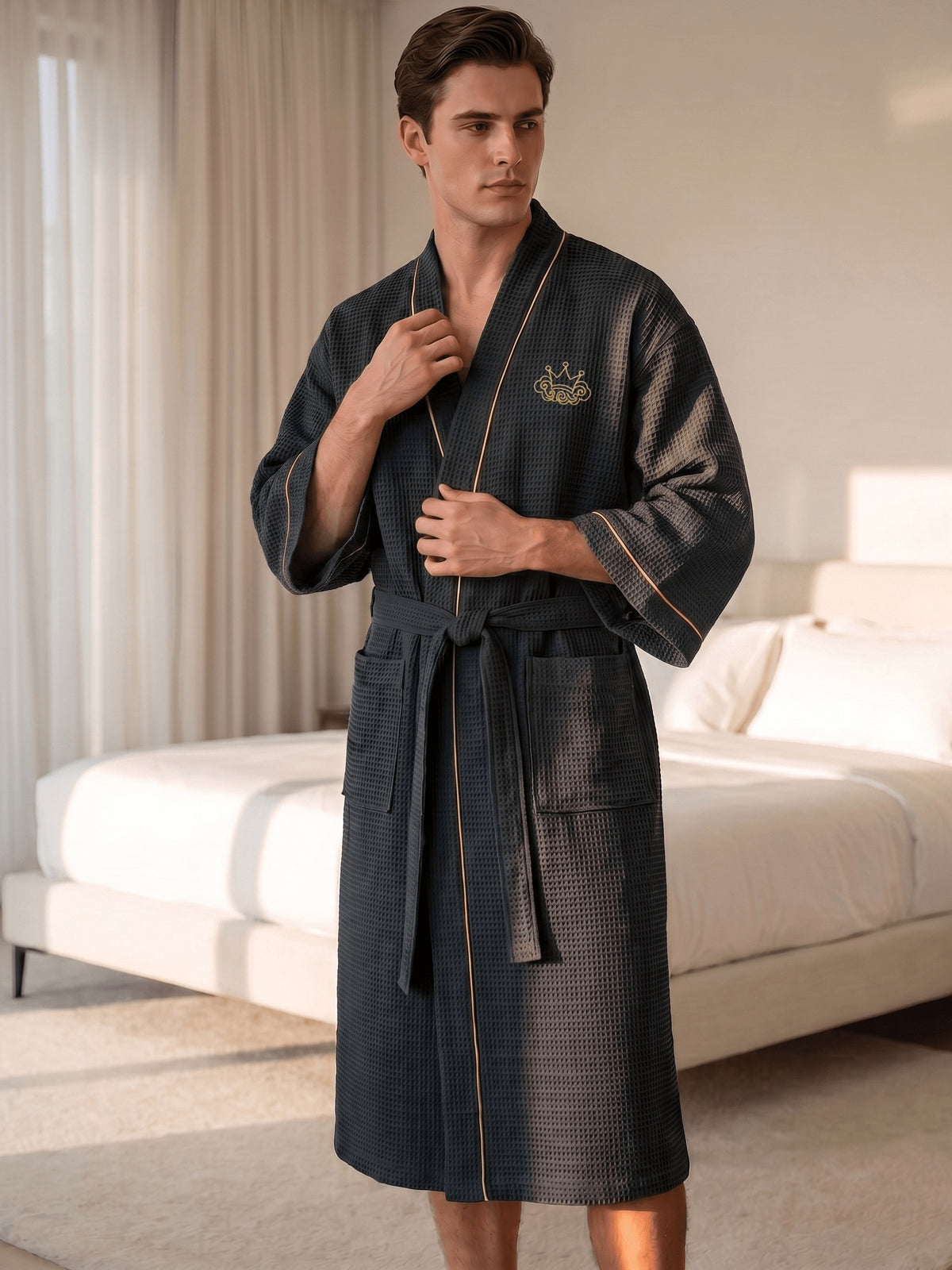 Men's black waffle bathrobe