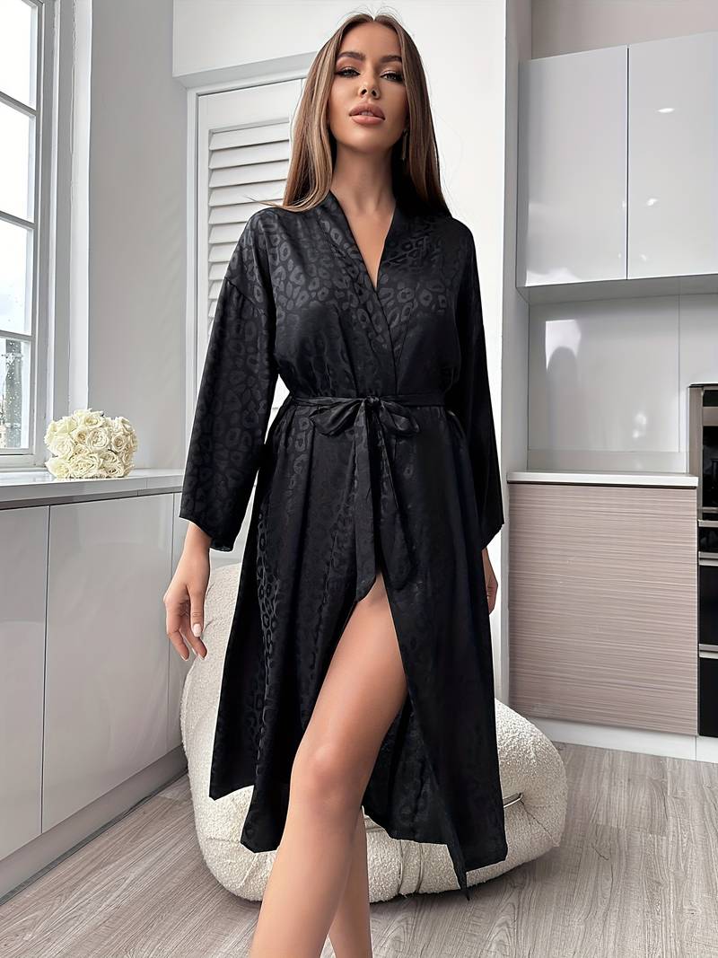 Women's short leopard print satin dressing gown