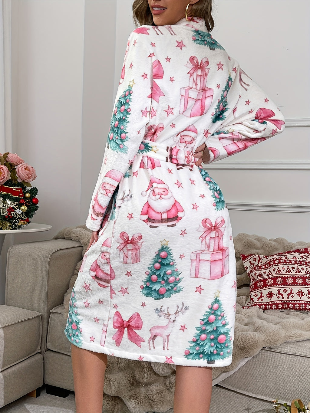 Women's white and pink Christmas print velvet dressing gown