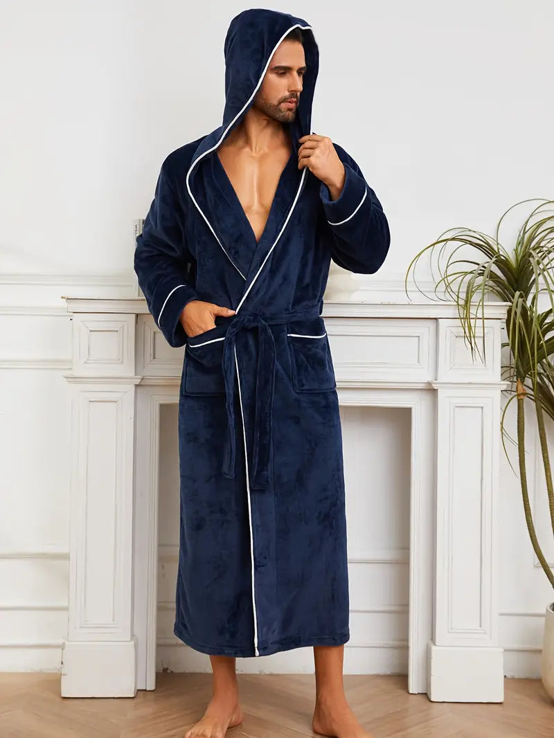 Men's luxury long hooded fleece dressing gown