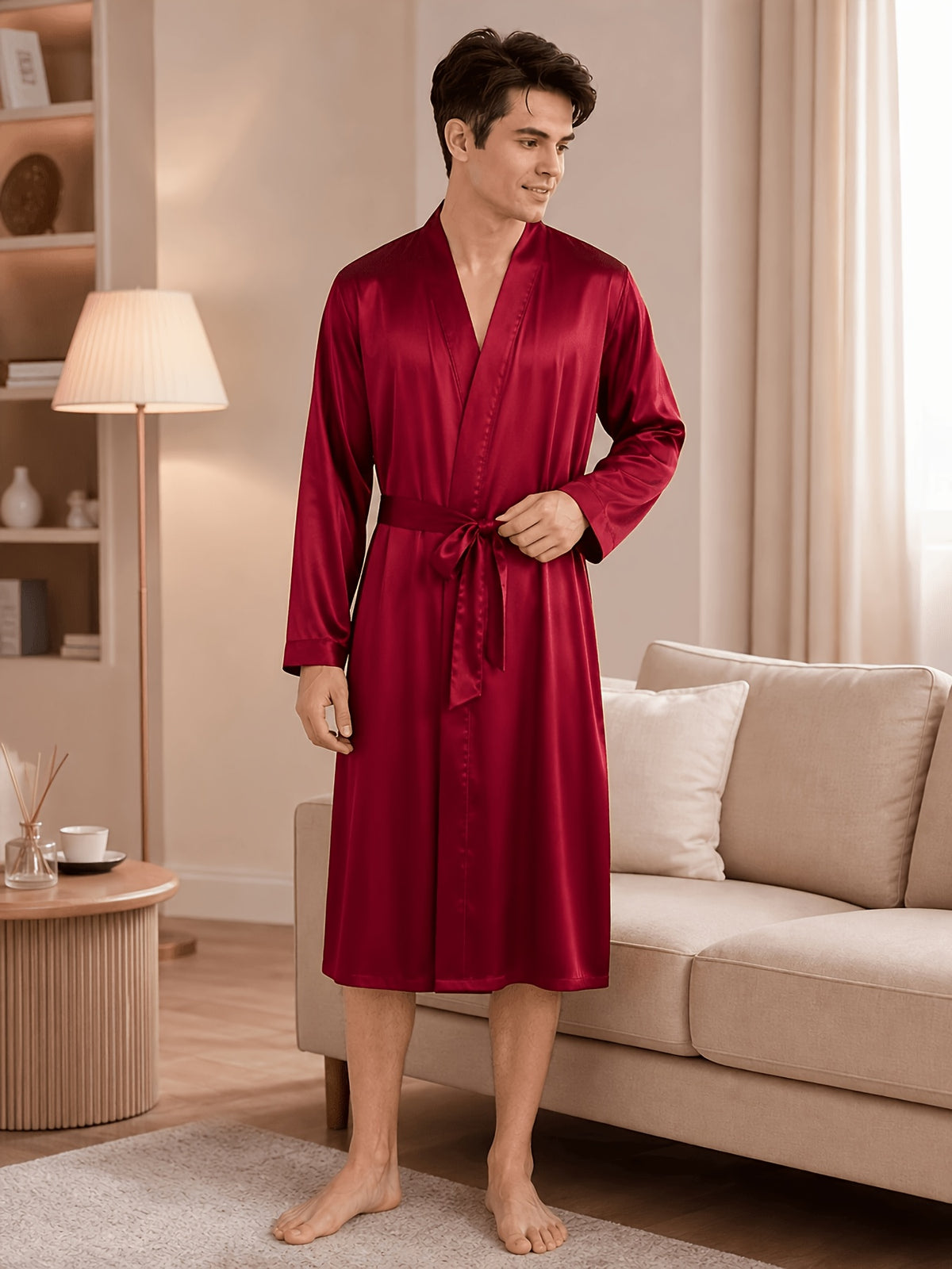 Men's navy satin dressing gown with belt