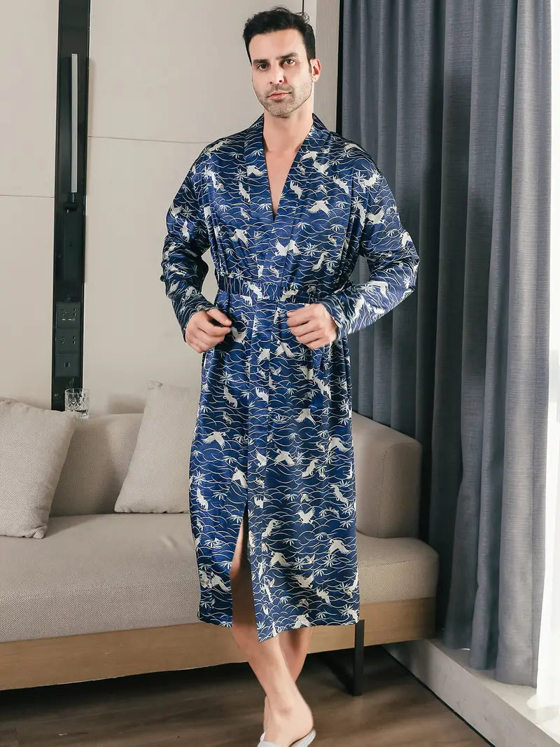 Men's long blue silky kimono robe Image
