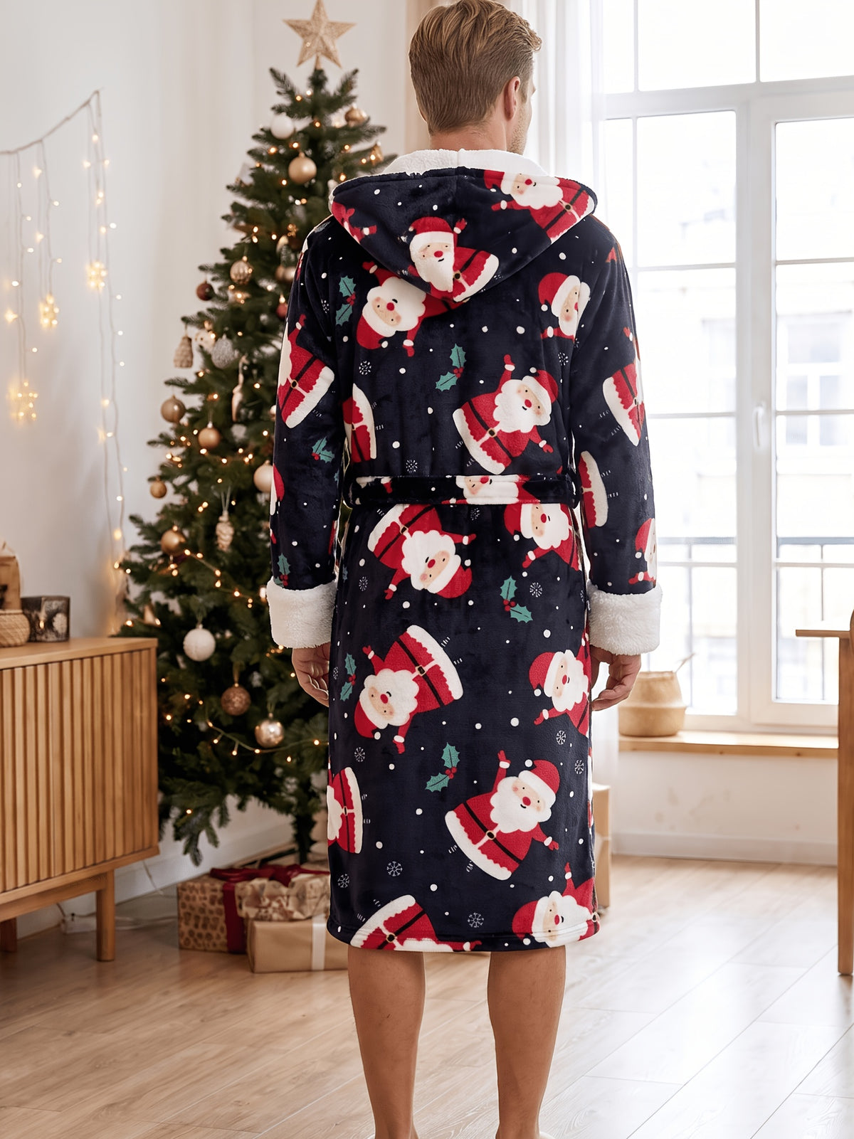 Men's navy Santa print hooded flannel dressing gown