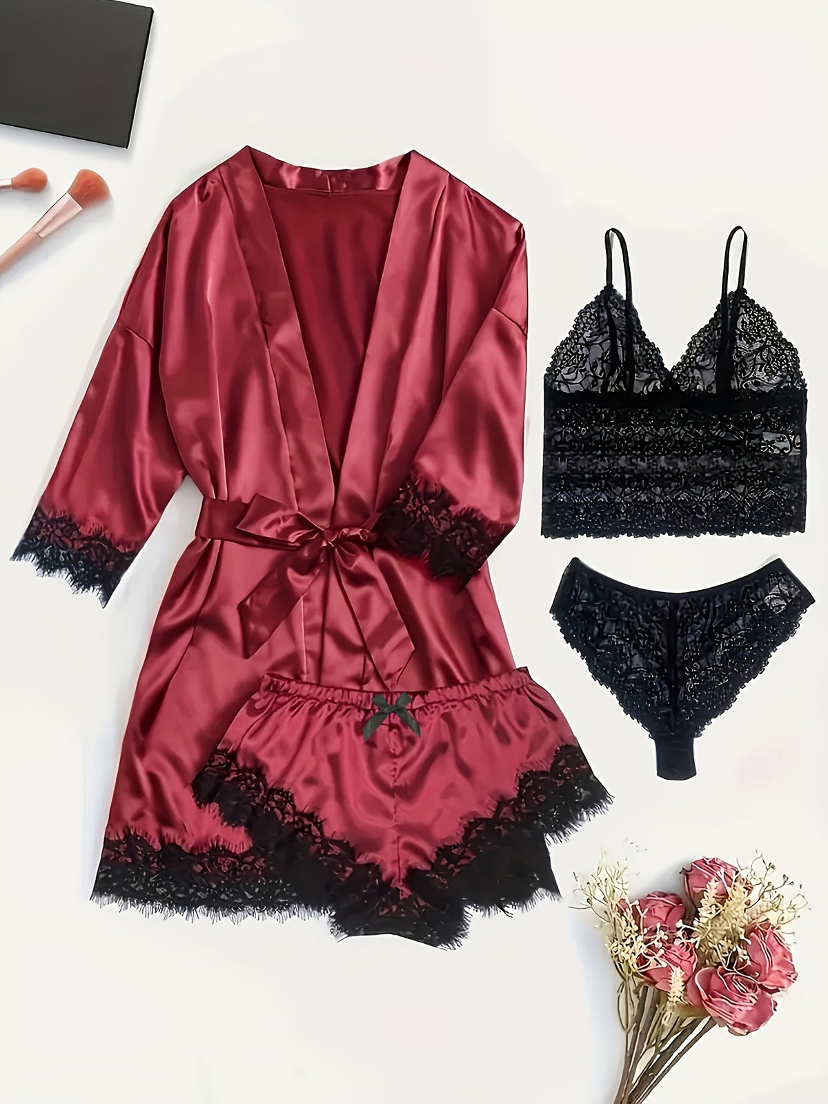 Women's lace satin robe and camisole set